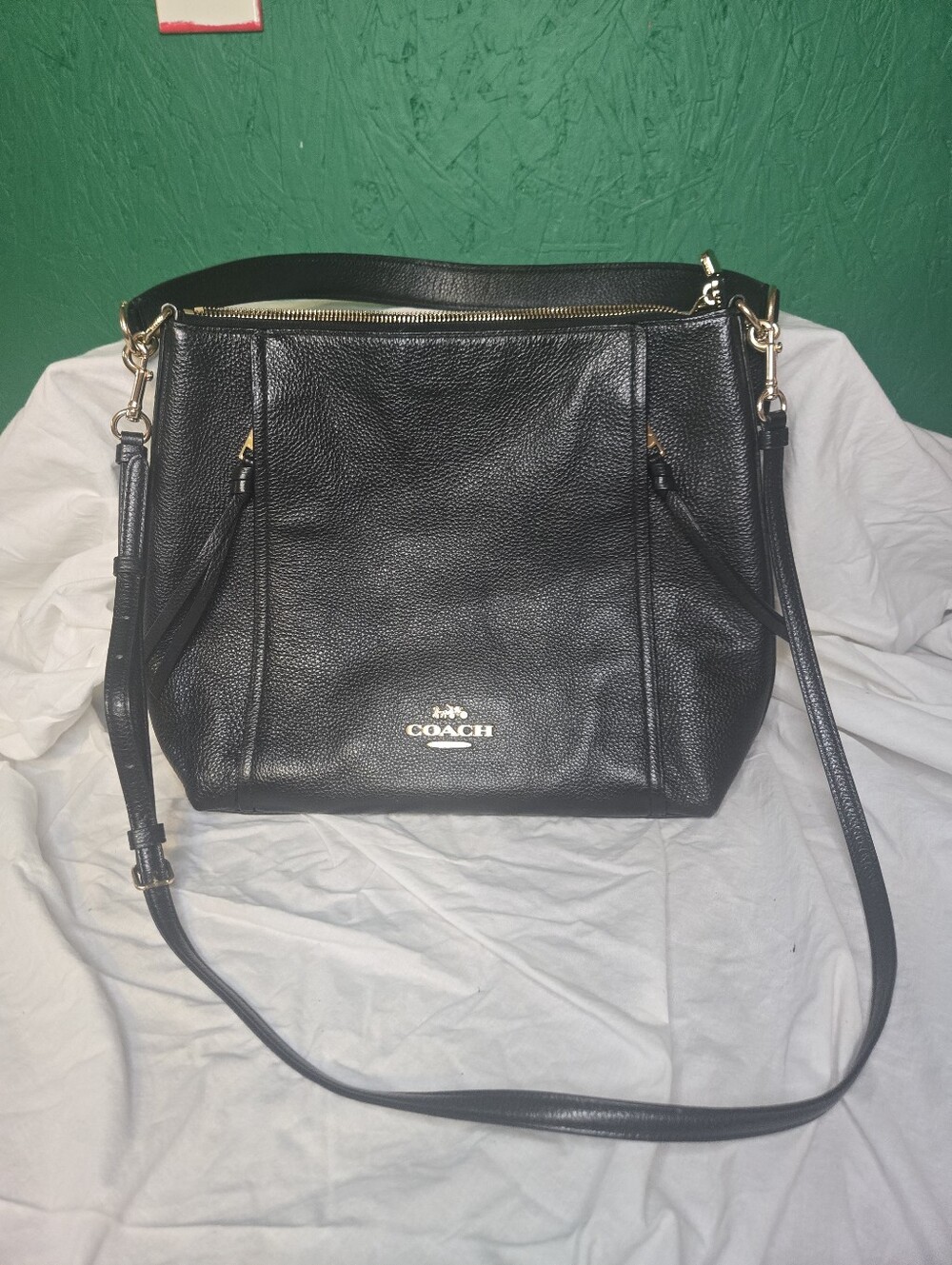 Coach Marlon Hobo Black Pebbled Leather Should Strap Cross Body Strap Charm